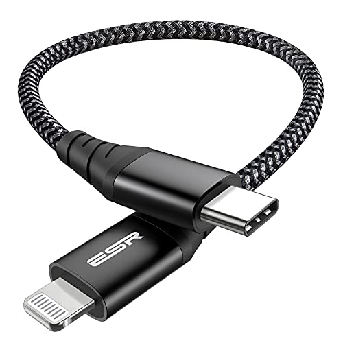 ESR USB C Lightning Kabel 0.2m MFi Zertifiziert, Nylon Ladekabel PD Schnellladegerät für iPhone 14/14 Pro/14 Pro Max/14 Plus und 13/12/11/SE/XR/XS/X/8, iPad 9/8 für Typ-C Ladegeräte, Schwarz von ESR