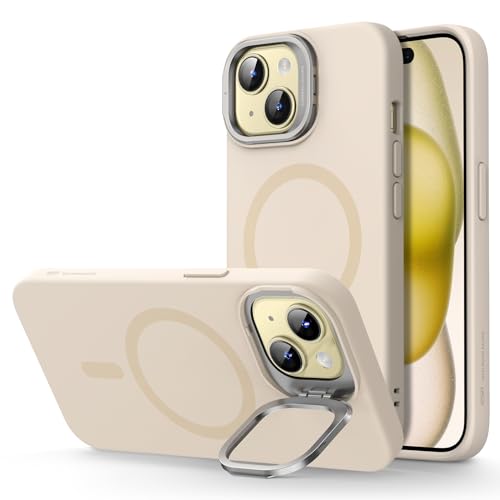 ESR für iPhone 15 Hülle, Kompatibel mit MagSafe Silikonhülle mit Ständer, Militärnorm Schutz, integrierter Kameraständer, magnetisches Handy Case für iPhone 15, Cloud-Serie, Beige von ESR