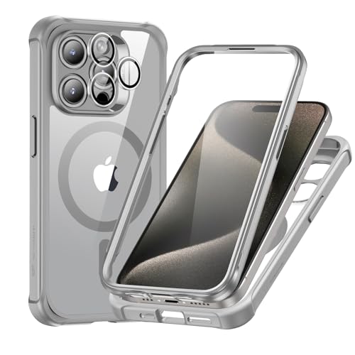 ESR für iPhone 15 Pro Hülle, Kompatibel mit MagSafe, 360 Grad Schutzhülle Stoßfest Militärnorm Magnetische Handyhülle mit Kameraschutz, Klares Grau von ESR
