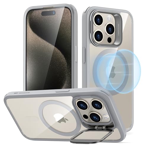 ESR für iPhone 15 Pro Hülle, Kompatibel mit MagSafe, Militärnorm Schutzhülle, integrierter Versteck Ständer Handy Case, Kratzfeste Rückseite, Classic Serie, Klares Grau von ESR