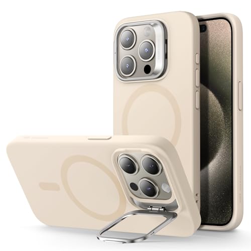 ESR für iPhone 15 Pro Hülle, Kompatibel mit MagSafe Silikon hülle mit Ständer, Militärnorm Schutz, integrierter Kameraständer, magnetisches Handy Case für iPhone 15, Cloud-Serie, Beige von ESR