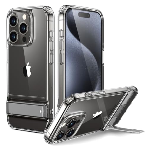 ESR für iPhone 15 Pro Hülle, Metall Ständer Case, 3 Standmodi, Militärnorm Sturzschutz, unterstützt kabelloses Laden, dünne Rückseite mit patentiertem Kickstand, Boost-Serie, Klar von ESR
