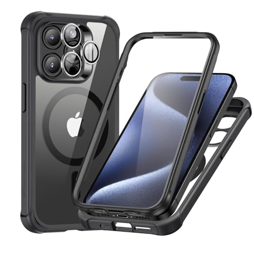 ESR für iPhone 15 Pro Max Hülle, Kompatibel mit MagSafe, 360 Grad Schutzhülle Stoßfest Militärnorm Magnetische Handyhülle mit Kameraschutz, Klares Schwarz von ESR