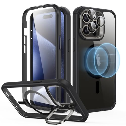 ESR für iPhone 15 Pro Max Hülle, Kompatibel mit MagSafe, 360 Grad Schutzhülle Stoßfest Militärnorm Magnetische Handyhülle mit Kameraschutz Ständer, 2-teilige robuste Hülle, Klares Schwarz von ESR