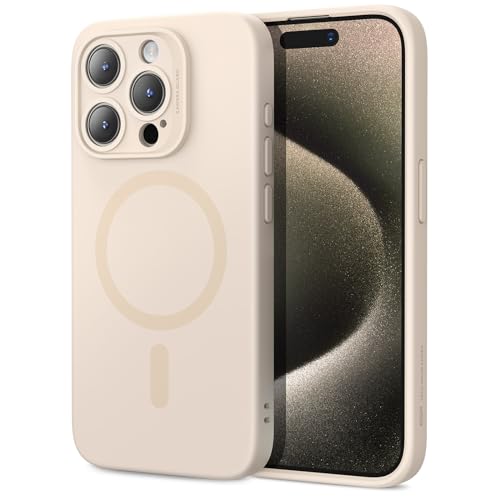ESR für iPhone 15 Pro Max Hülle,Kompatibel mit MagSafe, unterstützt magnetisches Laden, dünne Handy Hülle aus flüssigem Silikon, stoßdämpfendes Case, Display- und Kameraschutz, Cloud Serie, Beige von ESR