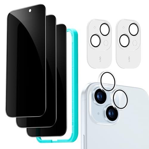 ESR iPhone 15 Display Sichtschutz Set, Anti Spy Displayschutz aus gehärtetem Glas, mikrogekrümmte Kanten, hüllenfreundlich, 3 Stück mit 2 Sätzen individuellem Kamera Schutz von ESR