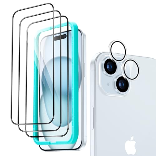 ESR iPhone 15 Displayschutzfolien-Set, 3 Displayschutzfolien aus gehärtetem Glas und 1 Set einzelner Kamera Schutzfolien, 2,5D gebogene Kanten, vollständiger Militärnorm Schutz, kratzfest von ESR