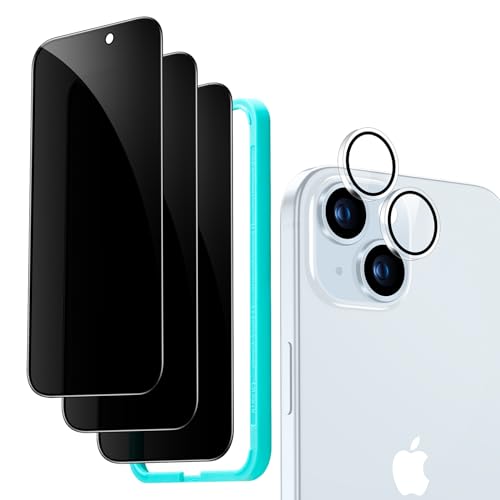 ESR iPhone 15 Plus Display Sichtschutz Set, Anti Spy Displayschutz aus gehärtetem Glas, mikrogekrümmte Kanten, hüllenfreundlich, 3 Stück mit 1 Satz individuellem Kamera Schutz von ESR