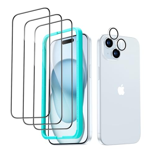 ESR iPhone 15 Plus Displayschutzfolien-Set, 3 Displayschutzfolien aus gehärtetem Glas und 1 Set einzelner Kamera Schutzfolien, 2,5D gebogene Kanten, vollständiger Militärnorm Schutz, kratzfest von ESR