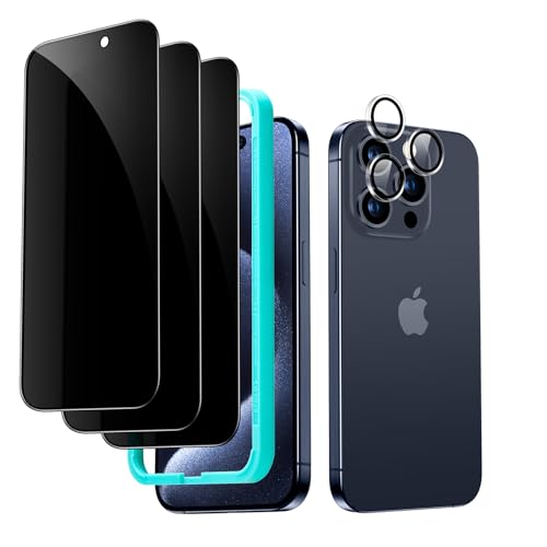 ESR iPhone 15 Pro Display Sichtschutz Set, Anti Spy Displayschutz aus gehärtetem Glas, mikrogekrümmte Kanten, hüllenfreundlich, 3 Stück mit 1 Satz individuellem Kamera Schutz von ESR