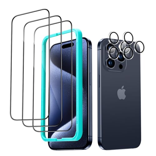 ESR iPhone 15 Pro Displayschutzfolien-Set, 3 Displayschutzfolien aus gehärtetem Glas und 2 Set einzelner Kamera Schutzfolien, 2,5D gebogene Kanten, vollständiger Militärnorm Schutz, kratzfest von ESR