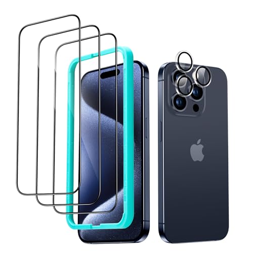 ESR für iPhone 15 Pro Max für Panzerglas, 3 Displayschutzfolien aus gehärtetem Glas und 1 Set einzelner Kamera Schutzfolien, 2,5D gebogene Kanten, vollständiger Militärnorm Schutz, kratzfest von ESR
