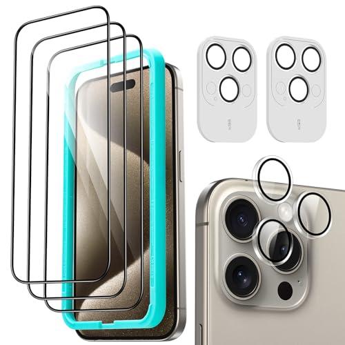 ESR iPhone 15 Pro Max Displayschutzfolien-Set, 3 Displayschutzfolien aus gehärtetem Glas und 2 Set einzelner Kamera Schutzfolien, 2,5D gebogene Kanten, vollständiger Militärnorm Schutz, kratzfest von ESR