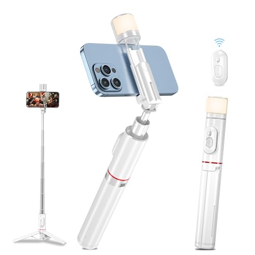 Bluetooth Selfie Stick Stativ mit Licht Füllen, 3in1 Erweiterbar Selfie Stange aus Aluminium mit Abnehmbares Drahtlose Fernbedienung, für iPhone 13/12/11 Pro/XS Max/XS/X/8/7, Samsung Smartphones(Weiß) von ESSAGER