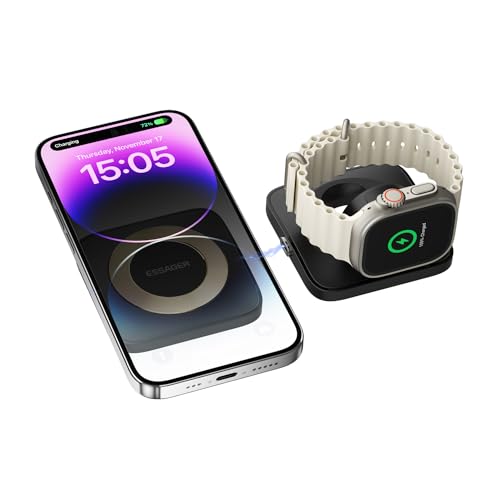 ESSAGER Ladegerät 15W Kombination Magnetische Saug 2-in-1 Induktive Wireless Charger Abnehmbar für Apple Watch Serie SE/8/7/6/5/4/3/2, Kabellose Kopfhörer und lPhone Serie 14/13/12/Galaxy Serie(Black) von ESSAGER