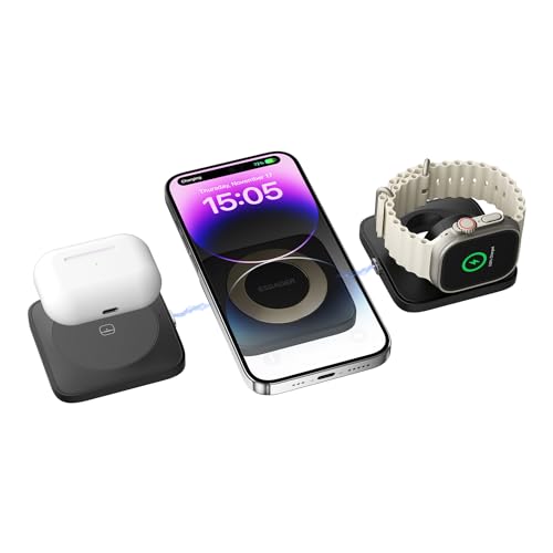 ESSAGER Ladegerät 15W Kombination Magnetische Saug 3-in-1 Induktive Wireless Charger Abnehmbar für Apple Watch Serie SE/8/7/6/5/4/3/2, Kabellose Kopfhörer und lPhone Serie 14/13/12/Galaxy Serie(Black) von ESSAGER