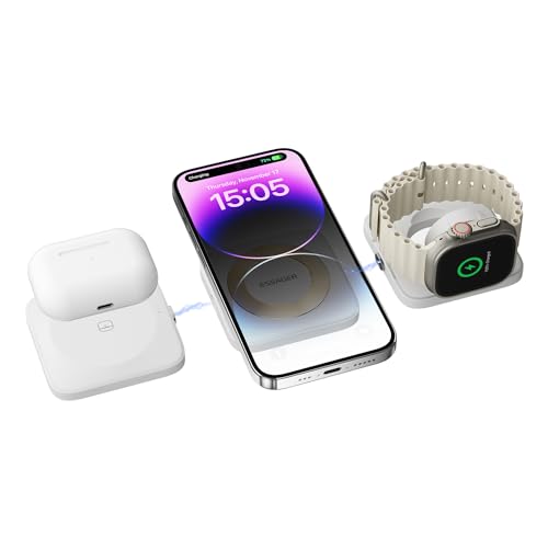 ESSAGER Ladegerät 15W Kombination Magnetische Saug 3-in-1 Induktive Wireless Charger Abnehmbar für Apple Watch Serie SE/8/7/6/5/4/3/2, Kabellose Kopfhörer und lPhone Serie 14/13/12/Galaxy Serie(White) von ESSAGER