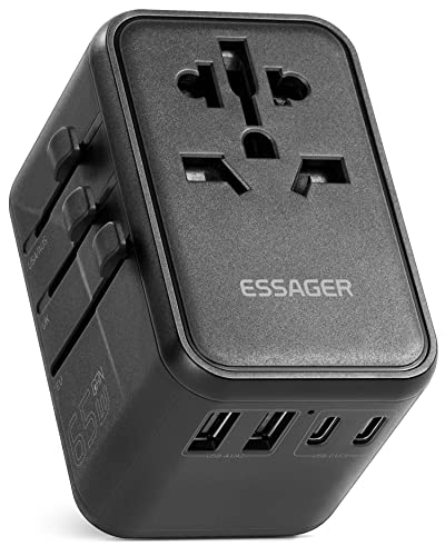 ESSAGER Reiseadapter 65W USB C Ladegerät, EU Steckdose 2500W mit 2 USB, 2 USB C und 1 PD 65W Schnellladen, mit EU/US/UK/AUS Stecker Reisestecker Weltweit für USA England Australien Europa Thailand usw von ESSAGER