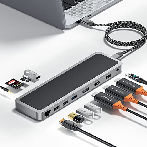 USB C Hub, 12-in-1 USB-C Laptop Dockingstation, Triple Display Typ C Adapter kompatibel für MacBook und Windows USB C Labtop (2HDMI DP PD3.0 SD TF Reader Ethernet 4USB 3.5 mm Anschlüsse) von ESSAGER