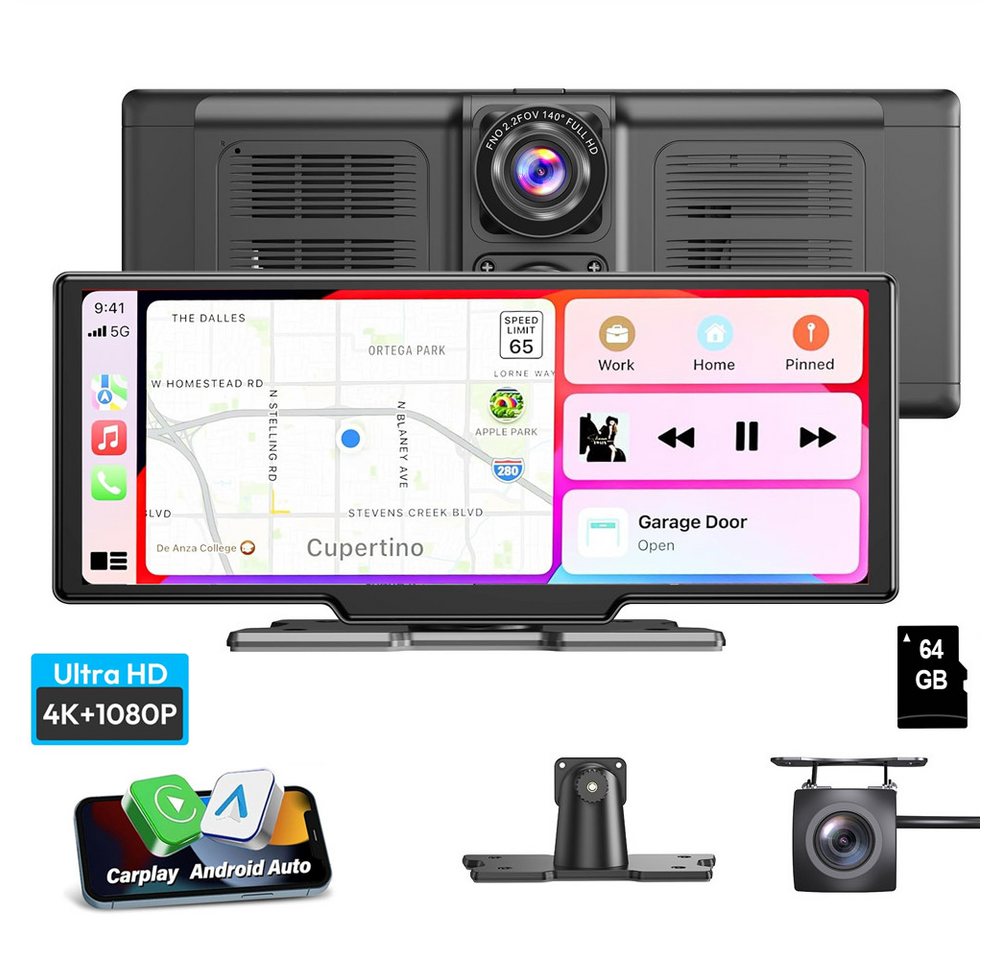 ESSGOO Carplay NAVI Android Auto NAVI 4K Dashcam Rückfahrkamera 64GB Dashcam (HD, Tragbar Autoradio Rückfahrkamera IPS Touchscreen) von ESSGOO