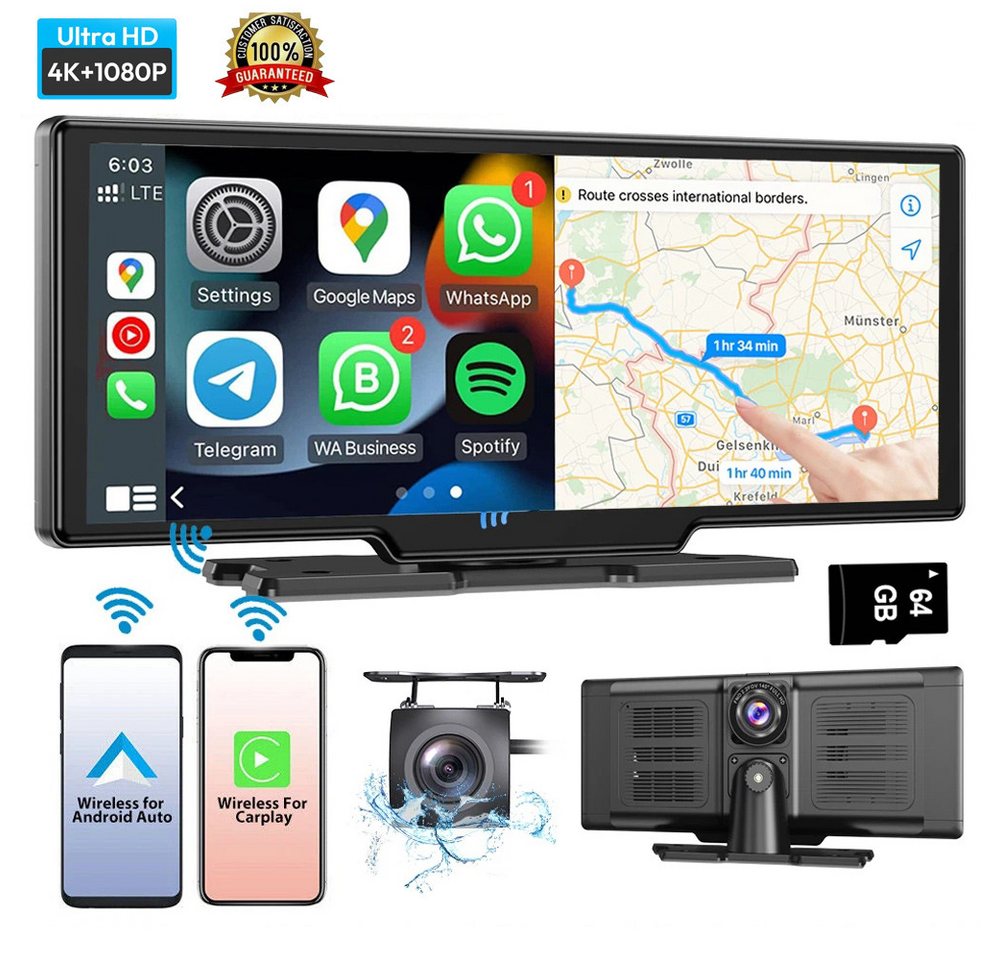 ESSGOO 10,26" Dashcam Android Carplay Autoradio DVR WiFi Rückfahrkamera 64G Autoradio (Apple Carplay Android Auto Bluetooth WiFi) von ESSGOO