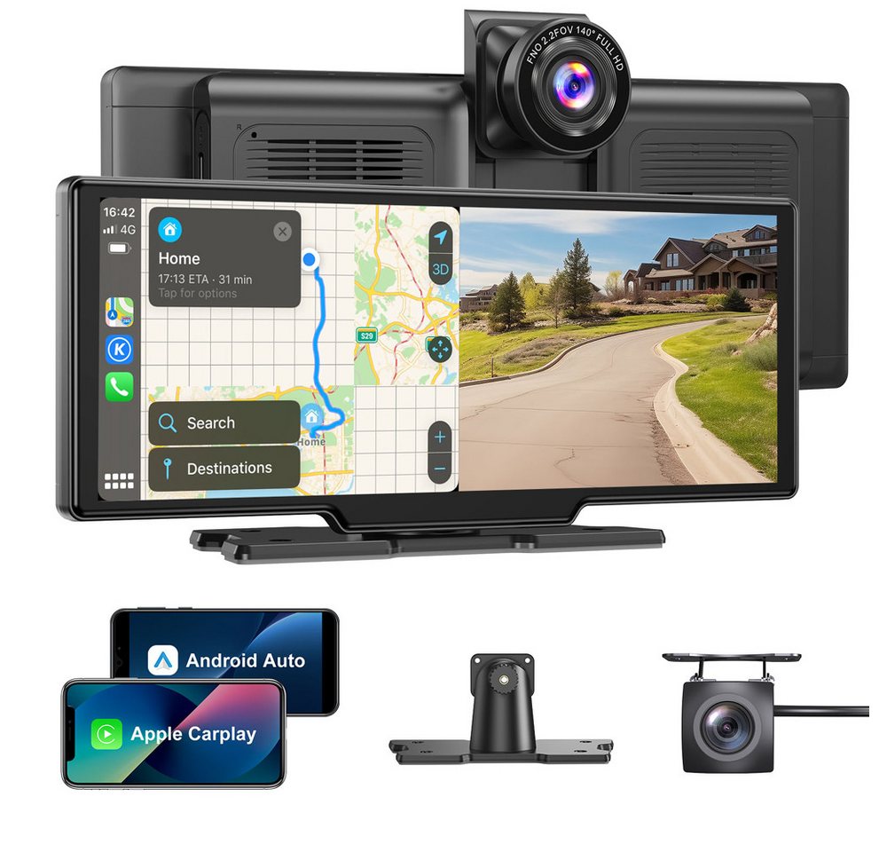 ESSGOO 10,26" Neuestes Apple CarPlay & Android Auto MIT 4K Dashcam WIFI GPS Dashcam (HD, Tragbar Autoradio Rückfahrkamera IPS Touchscreen GPS Navi FM AUX) von ESSGOO