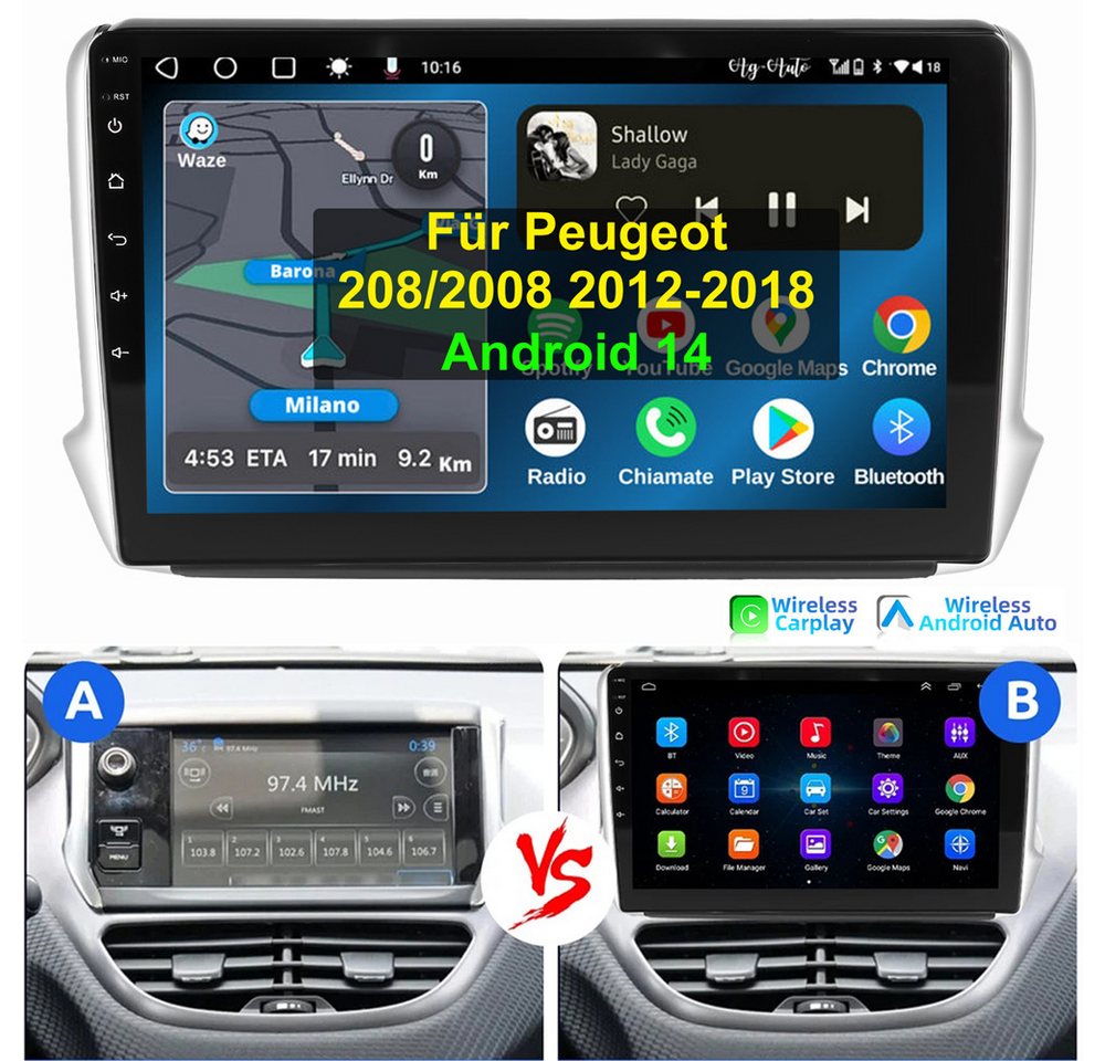 ESSGOO 10.1" Für Peugeot 208/2008 2012-2018 Autoradio Android 14 Autoradio (Digitalradio (DAB), FM, AM, RDS, Apple Carplay Android Auto NAVI SWC BT EQ) von ESSGOO