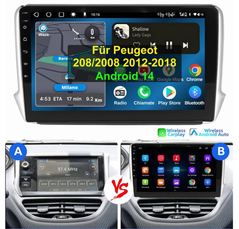 ESSGOO 10.1" Für Peugeot 208/2008 2012-2018 Autoradio Android 14 Autoradio (Digitalradio (DAB), FM, AM, RDS, Apple Carplay Android Auto NAVI SWC BT EQ) von ESSGOO