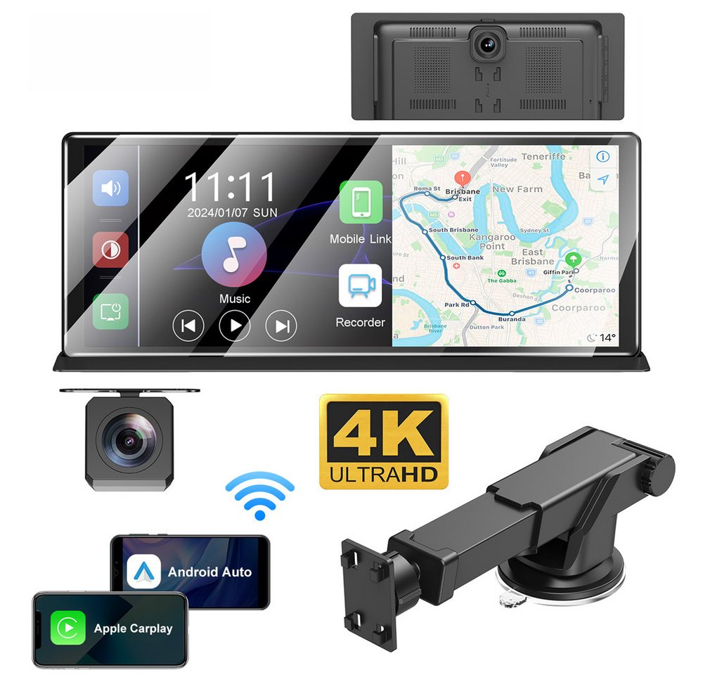 ESSGOO 11.3" 4K Dashcam Apple CarPlay Android Auto Rückfahrkamera Auto Radio Dashcam (HD, Tragbar Autoradio Rückfahrkamera IPS Touchscreen FM AUX) von ESSGOO