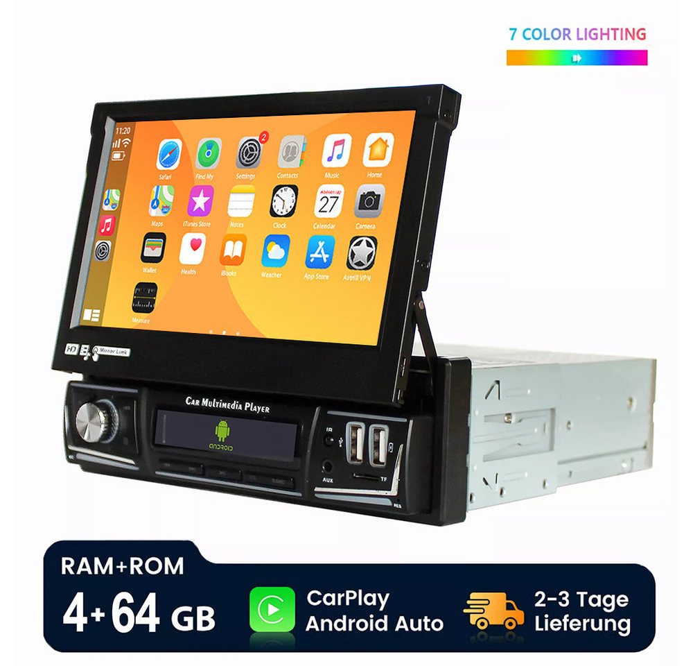 ESSGOO 4+64G 1 DIN 7 Zoll Flip Out Autoradio Android Auto Android 14 Carplay Autoradio (Digitalradio (DAB), FM, RDS, BT, GPS) von ESSGOO