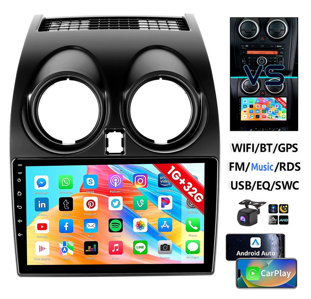 ESSGOO 4+64G Carplay Für Nissan Qashqai J10 2007-2015 GPS Navi Android 14 RDS Autoradio (4+64GB(optional), DAB+ (optional), AM, FM, Apple Carplay & Android Auto,Bluetooth,ASP,WiFi) von ESSGOO