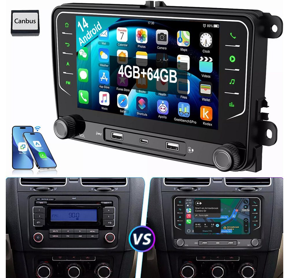 ESSGOO 4GB+64GB Für VW GOLF 5 6 Plus Touran EOS Tiguan Polo 6R Passat Caddy Autoradio (Digitalradio (DAB), RDS, FM, AM, Apple Carplay Android Auto BT EQ USB GPS Navi WIFI SWC 4GB+64GB) von ESSGOO