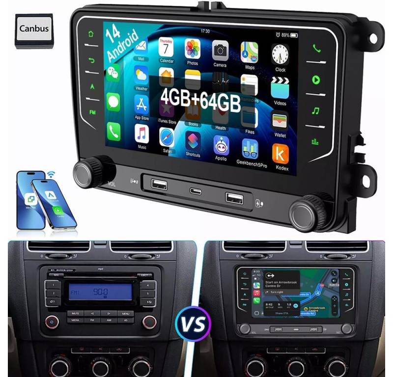 ESSGOO 4GB+64GB Für VW GOLF 5 6 Plus Touran EOS Tiguan Polo 6R Passat Caddy Autoradio (Digitalradio (DAB), RDS, FM, AM, Apple Carplay Android Auto BT EQ USB GPS Navi WIFI SWC 4GB+64GB) von ESSGOO