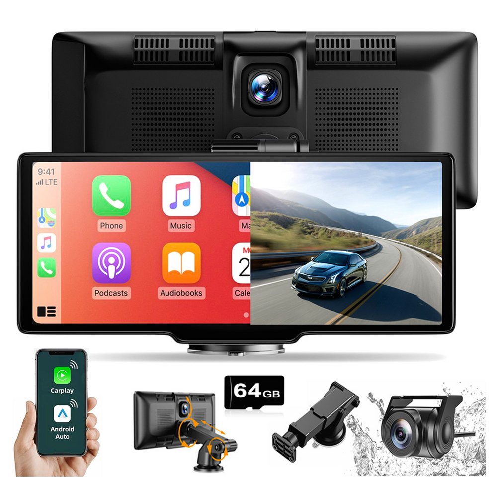 ESSGOO 4K 10.26'' Wireless Android Auto Display Vorne Rückfahrkamera Carplay Dashcam (HD, Touchscreen Tragbar Autoradio Rückfahrkamera IPS FM AUX) von ESSGOO