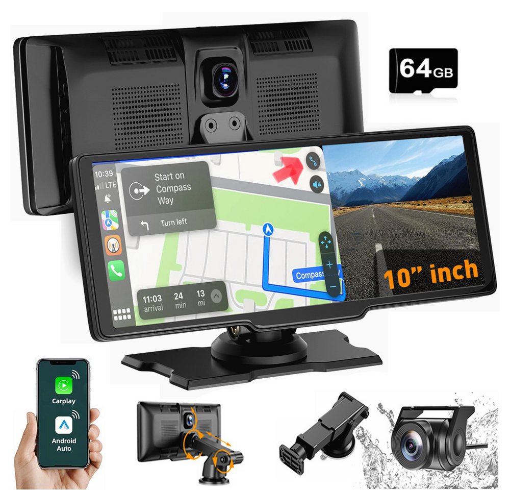 ESSGOO 4K 10.26'' Wireless Carplay Android Auto Display Vorne Rückfahrkamera Autoradio (Apple Carplay & Android Auto GPS Navi BT WIFI FM AUX) von ESSGOO