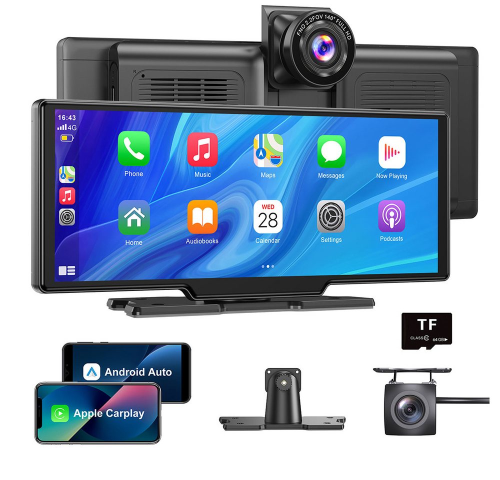 ESSGOO 4K HD 10,26'' Dashcam DVR Kabelloses Apple Carplay & Android Auto Navigationsgerät (Tragbar Autoradio Rückfahrkamera IPS Touchscreen GPS Navi FM AUX) von ESSGOO