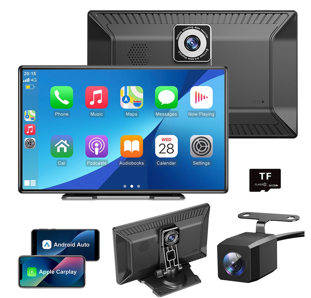 ESSGOO 4K HD 9 Zoll Dashcam DVR Kabelloses Apple Carplay & Android Auto Navigationsgerät (Tragbar Autoradio Bluetooth Rückfahrkamera Touchscreen GPS Navi FM AUX) von ESSGOO