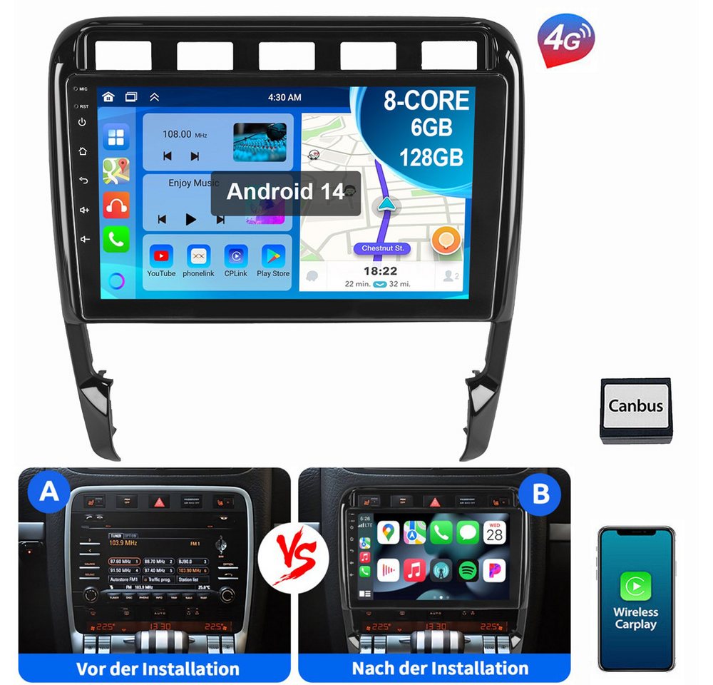 ESSGOO 6+128GB 8-Kern 4G LTE Für Porsche Cayenne 2002-2010 ASP GPS WIFI RDS Autoradio (Digitalradio (DAB), RDS, FM, AM, Apple Carplay Android Auto SWC EQ BT SWC) von ESSGOO