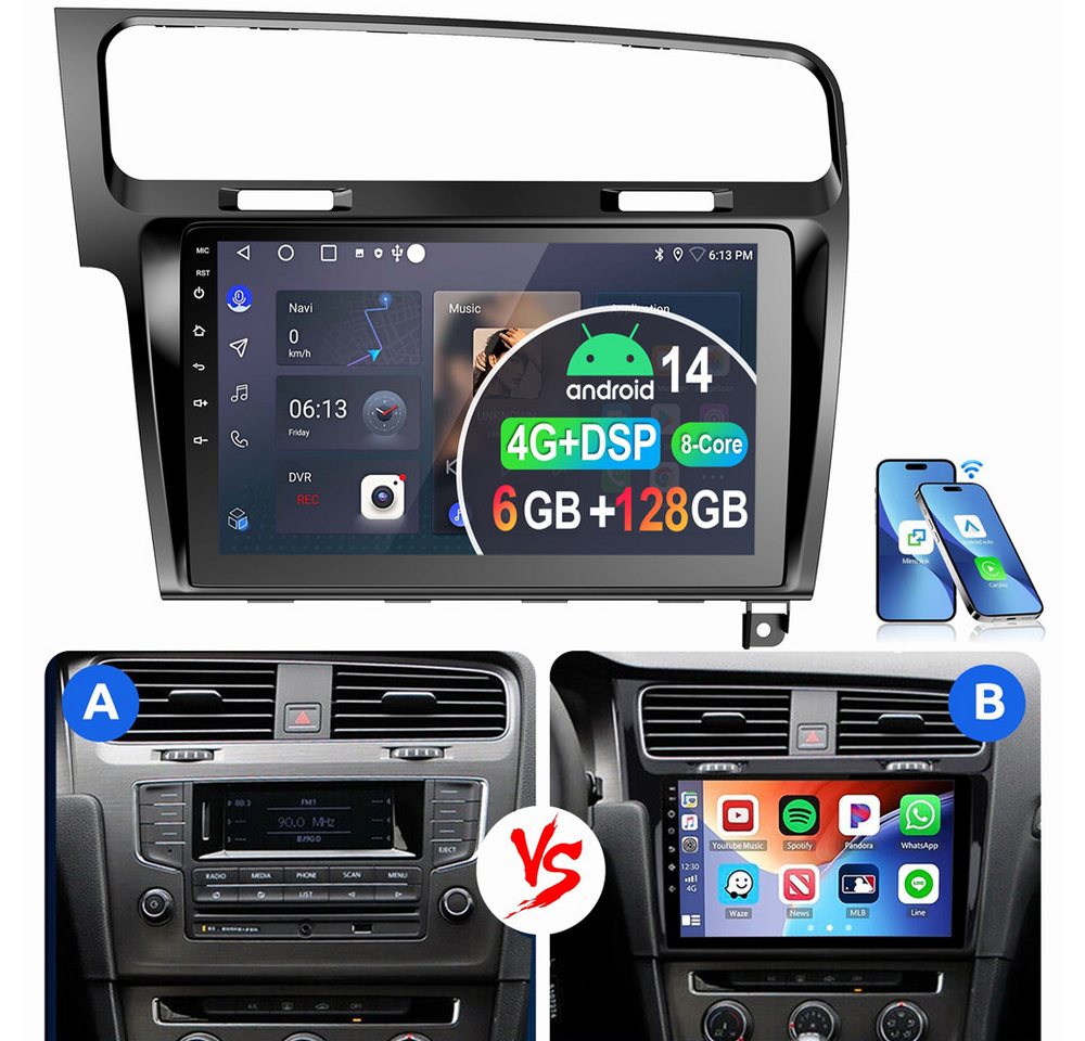 ESSGOO Für Golf 7 2013-2017 6+128GB 8-Kern NAVI Carplay QLED Autoradio (Digitalradio (DAB), RDS, FM, AM, Apple Carplay Android Auto 4G LTE ASP SWC BT GPS) von ESSGOO