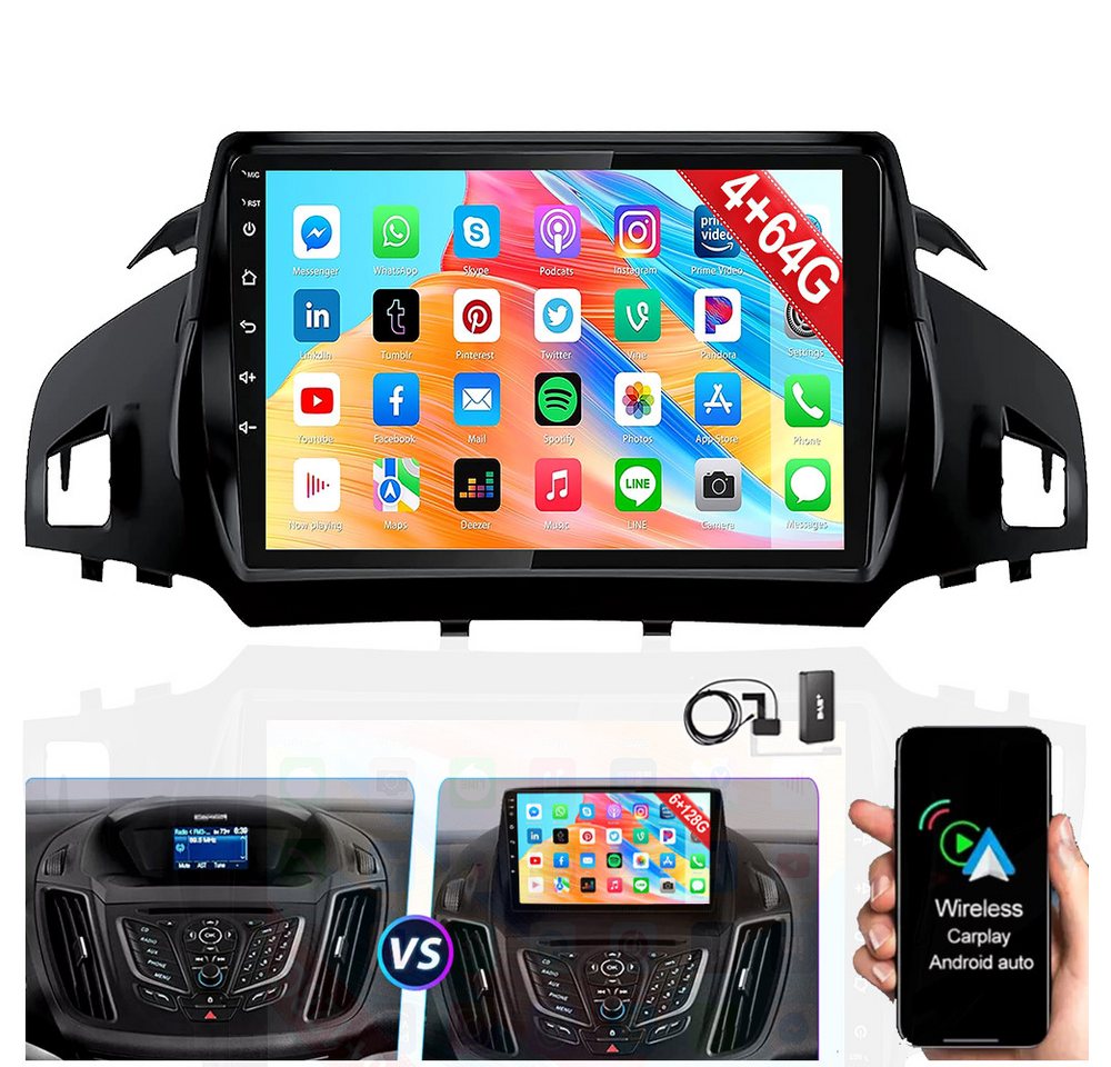 ESSGOO 6+128GB Für Ford Kuga II 2012-2018 Escape Android 14 GPS NAVI CarPlay Autoradio (4+64GB(optional), DAB+ (optional), FM, AM, RDS, ASP, Wireless Apple Carplay & Android Auto,2 DIN,WiFi) von ESSGOO