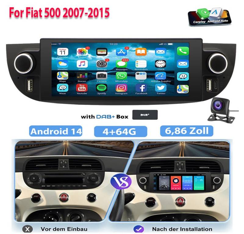 ESSGOO 6,86" Android 14 Für Fiat 500 2007-2015 GPS Navi BT USB Carplay 4+64G Autoradio (DAB (optional), FM, AM, Wireless Apple Carplay & Android Auto,1 DIN,DAB (optional),WiFi) von ESSGOO