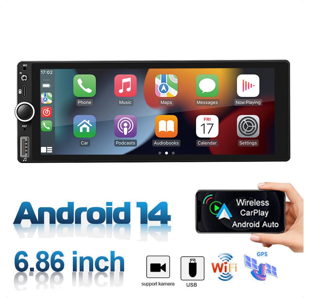 ESSGOO 6.86" 1 DIN Android 14 2+32G Wireless Carplay Android Auto GPS WIFI Autoradio (DAB+ (optional), FM, RDS, Navi FM Bluetooth RDS EQ USB Touchscreen SWC Mirror Link Type-C) von ESSGOO