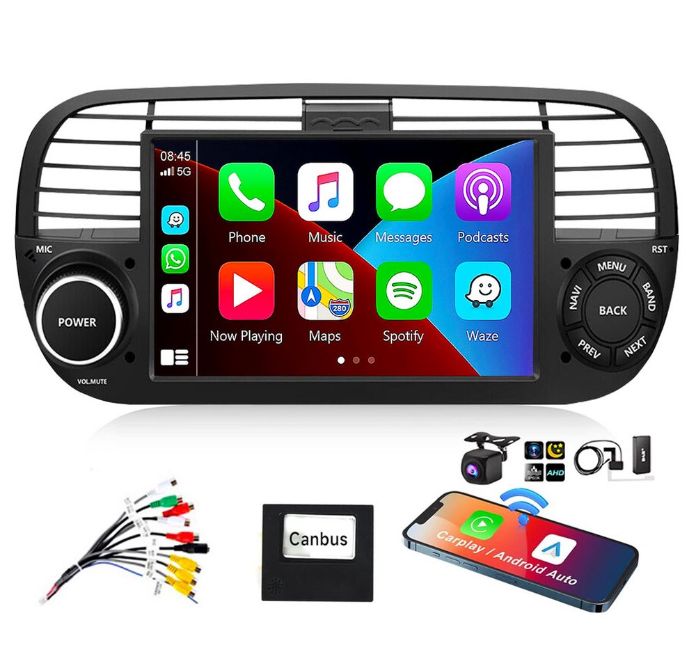 ESSGOO Doppel DIN CarPlay Touchscreen Für Fiat 500 (2007-2015) Android 14 Autoradio (DAB+ (optional), FM, RDS, Touchscreen GPS Navi Apple Carplay & Android Auto) von ESSGOO