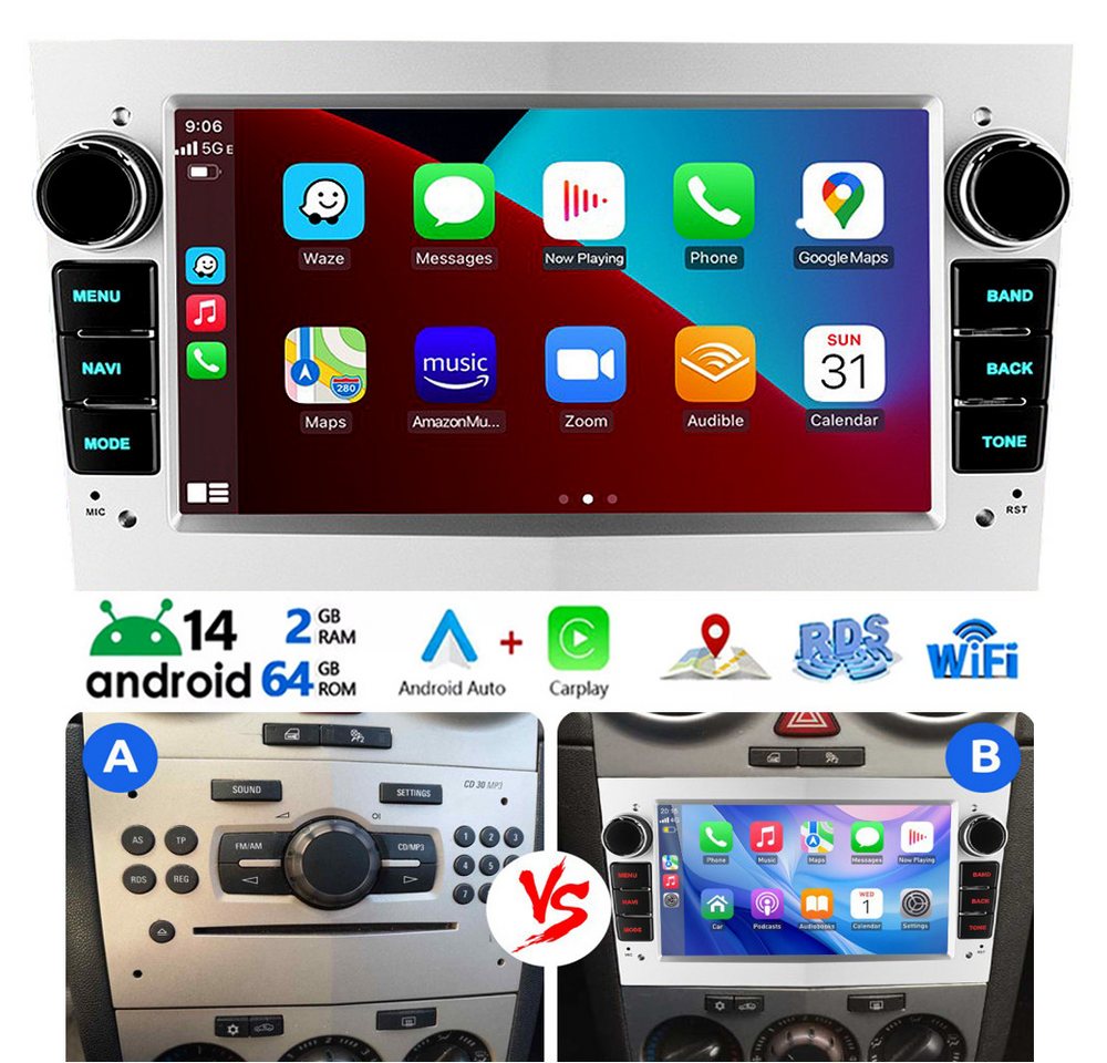 ESSGOO Android14 Für Opel Corsa C D Astra G H Meriva Zafira A B Vectra DAB Autoradio (2+64GB, DAB+ (optional), DAB (optional), FM, RDS, 7" Carplay Android Auto DAB (optional),GPS Navi RDS 2+64GB WIFI) von ESSGOO