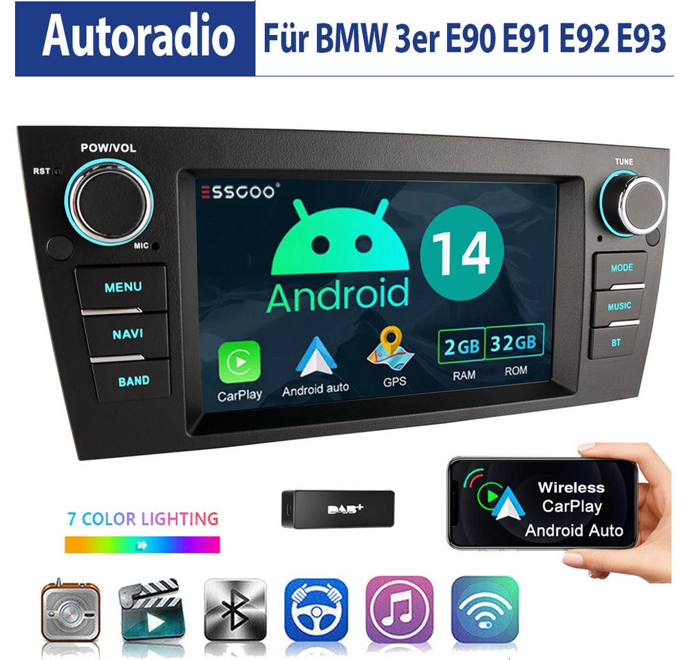 ESSGOO 7'' Android 14 GPS BT RDS WIFI USB Für BMW 3er E90 E91 E92 E93 Autoradio (AM, FM, RDS, DAB (optional), 2+64GB(optional), Apple Carplay & Android Auto DAB (optional),2+64GB(optional) von ESSGOO