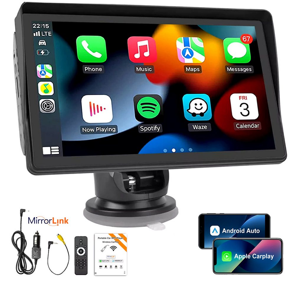 ESSGOO 7 Zoll Tragbar Apple Carplay Android Auto AUX USB TF+Kamera(optional) Navigationsgerät (USB Mirror Link Tragbar Autoradio Bluetooth) von ESSGOO