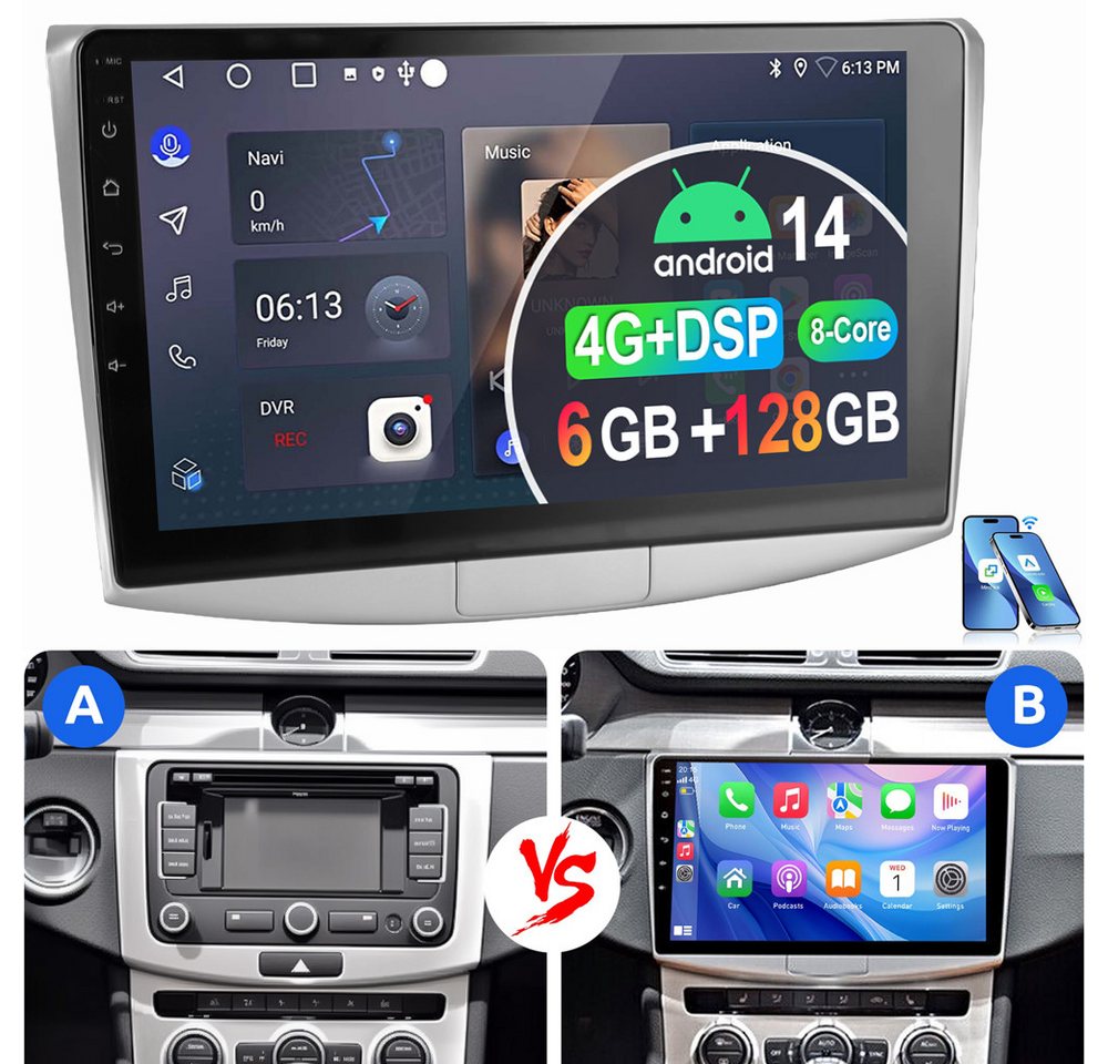 ESSGOO 8-Kern 6+128GB Für VW Passat B7 2010-2015 Autoradio Android 14 Autoradio (Digitalradio (DAB), RDS, FM, AM, 6+128GB, Apple Carplay Android Auto 4G LTE DSP SWC) von ESSGOO