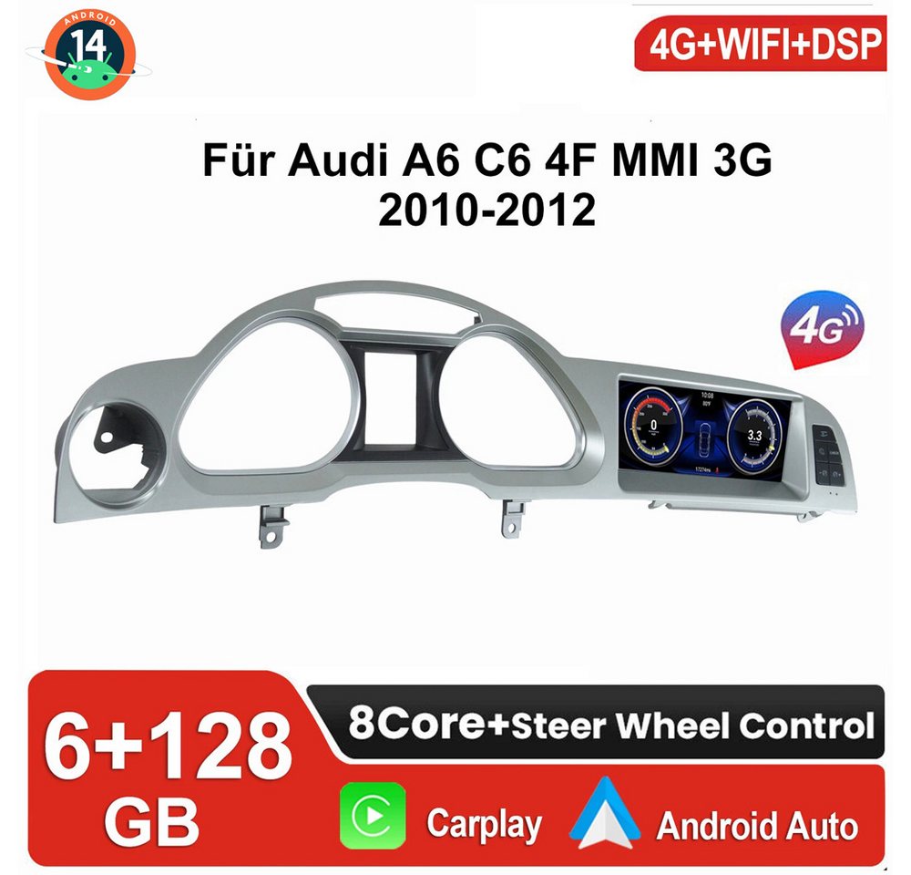 ESSGOO 8.8" Für Audi A6 C6 4F MMI 3G 2010-2012 Autoradio Android 14 Autoradio (Digitalradio (DAB), FM, AM, RDS, Apple Carplay Android Auto 8-Kern 4G LTE GPS DSP SWC BT) von ESSGOO