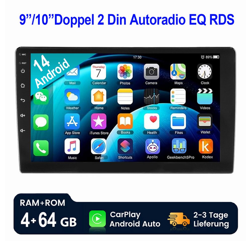 ESSGOO 9/10.1" 2 DIN 4+64GB Android 14 Carplay Autoradio Navi BT FM RDS ASP Autoradio (Digitalradio (DAB), RDS, AM, FM, 4+64GB optional, IPS Touchscreen Mirror Link SWC FM RDS BT EQ USB GPS Navi WIFI) von ESSGOO