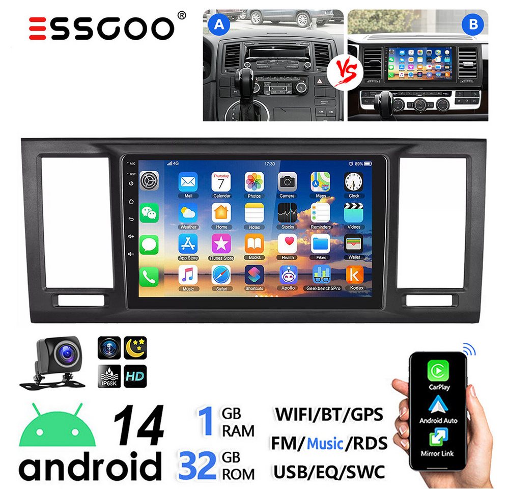ESSGOO 9" Android 14 Für VW T6 Transporter Multivan 4+64G(optional) GPS Autoradio (DAB (optional), DAB+ (optional), FM, RDS, Carplay Android Auto Bluetooth EQ USB GPS Navi WIFI IPS Touchscreen) von ESSGOO